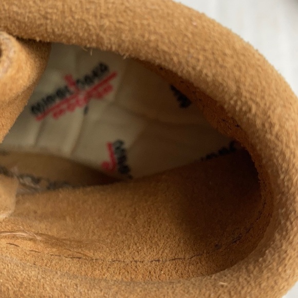 Baby Minnetonka Moccasin brown suede yellow black red braided booties with tie - Picture 9 of 15